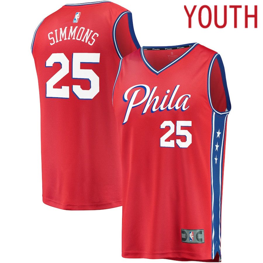 Youth Philadelphia 76ers #25 Ben Simmons Fanatics Branded Red Fast Break Replica Player Team NBA Jersey->youth nba jersey->Youth Jersey